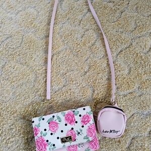 *EUC* BETSEY JOHNSON PINK POLKA DOT FLORAL ROSES CROSSBODY PURSE women's
